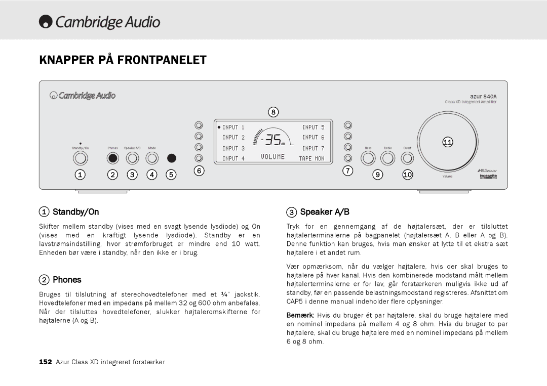 Cambridge Audio azur 840A user manual Knapper PÅ Frontpanelet, Standby/On, Phones 