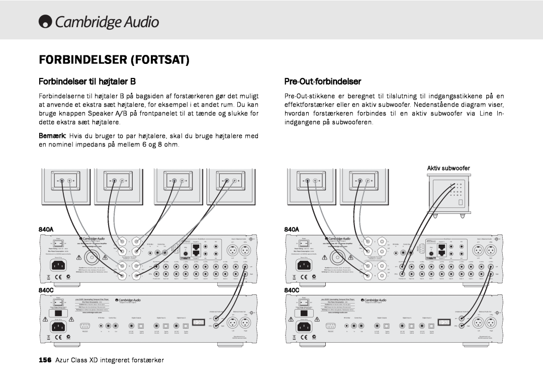 Cambridge Audio azur 840A user manual Forbindelser Fortsat, Forbindelser til højtaler B, Pre-Out-forbindelser 