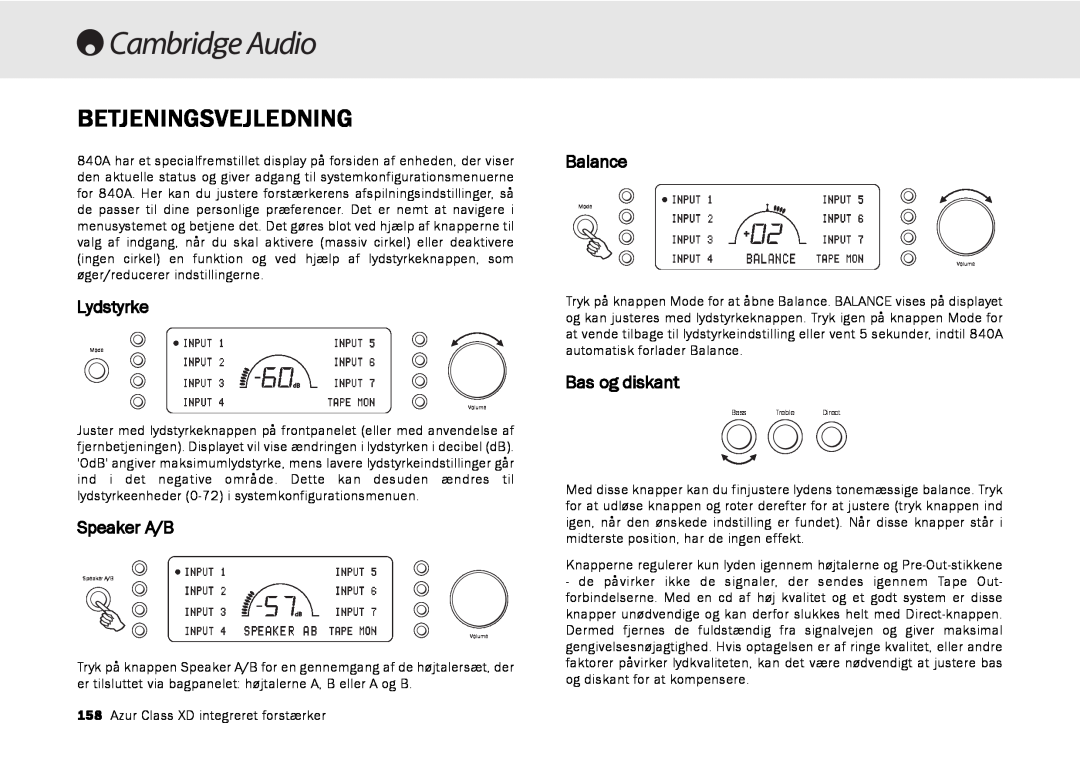 Cambridge Audio azur 840A user manual Betjeningsvejledning, Speaker A/B, Balance, Bas og diskant, Lydstyrke 