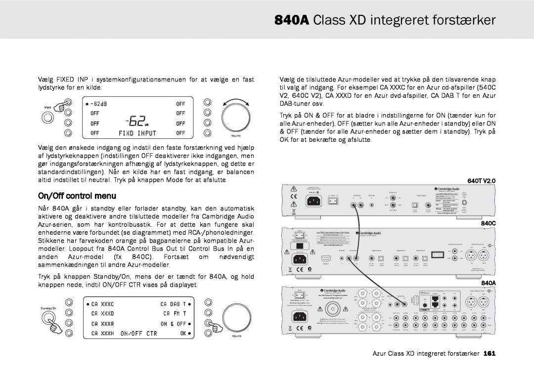 Cambridge Audio azur 840A user manual On/Off control menu, 840A Class XD integreret forstærker 