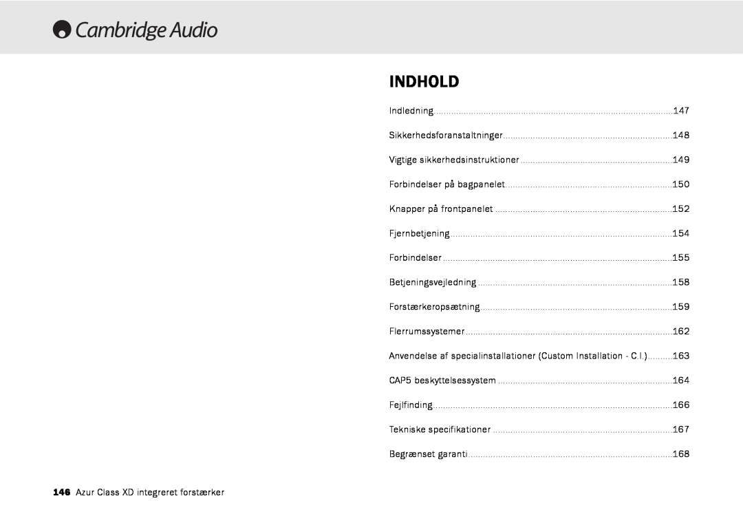 Cambridge Audio azur 840A user manual Indhold 