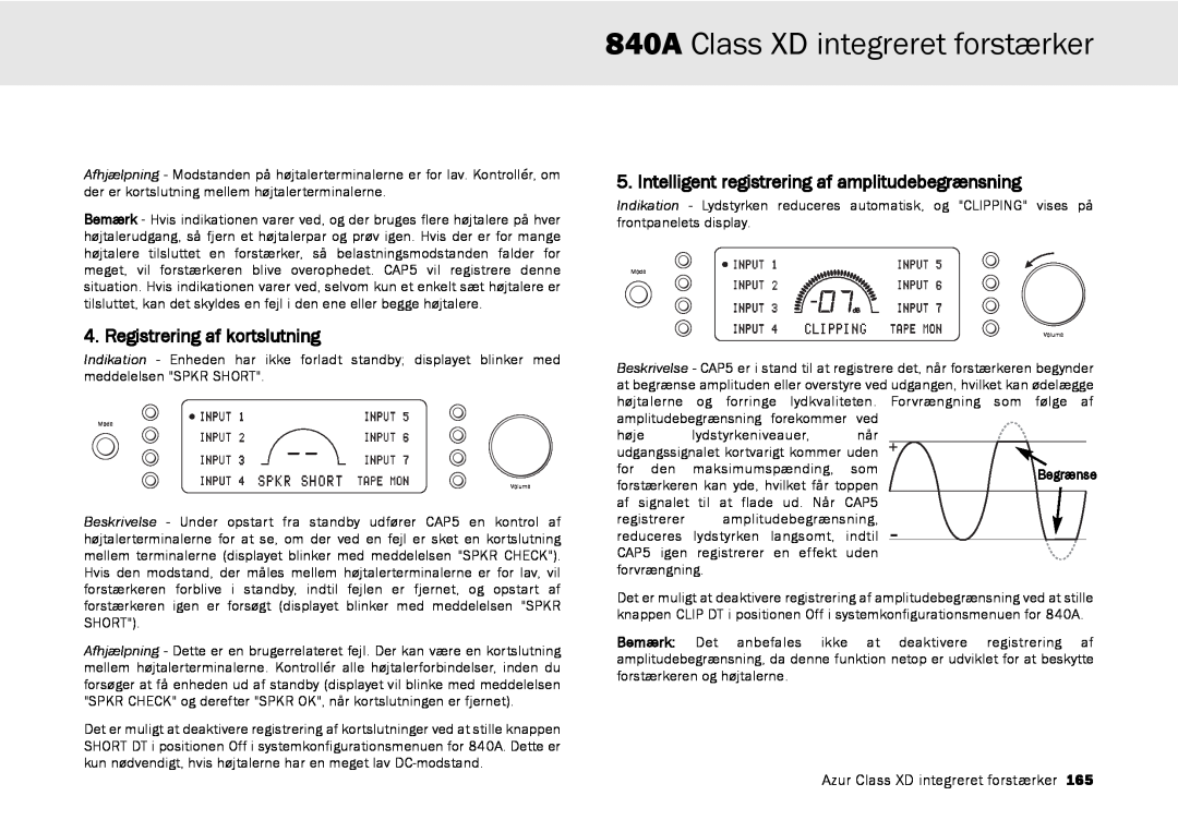 Cambridge Audio azur 840A user manual Registrering af kortslutning, 840A Class XD integreret forstærker 