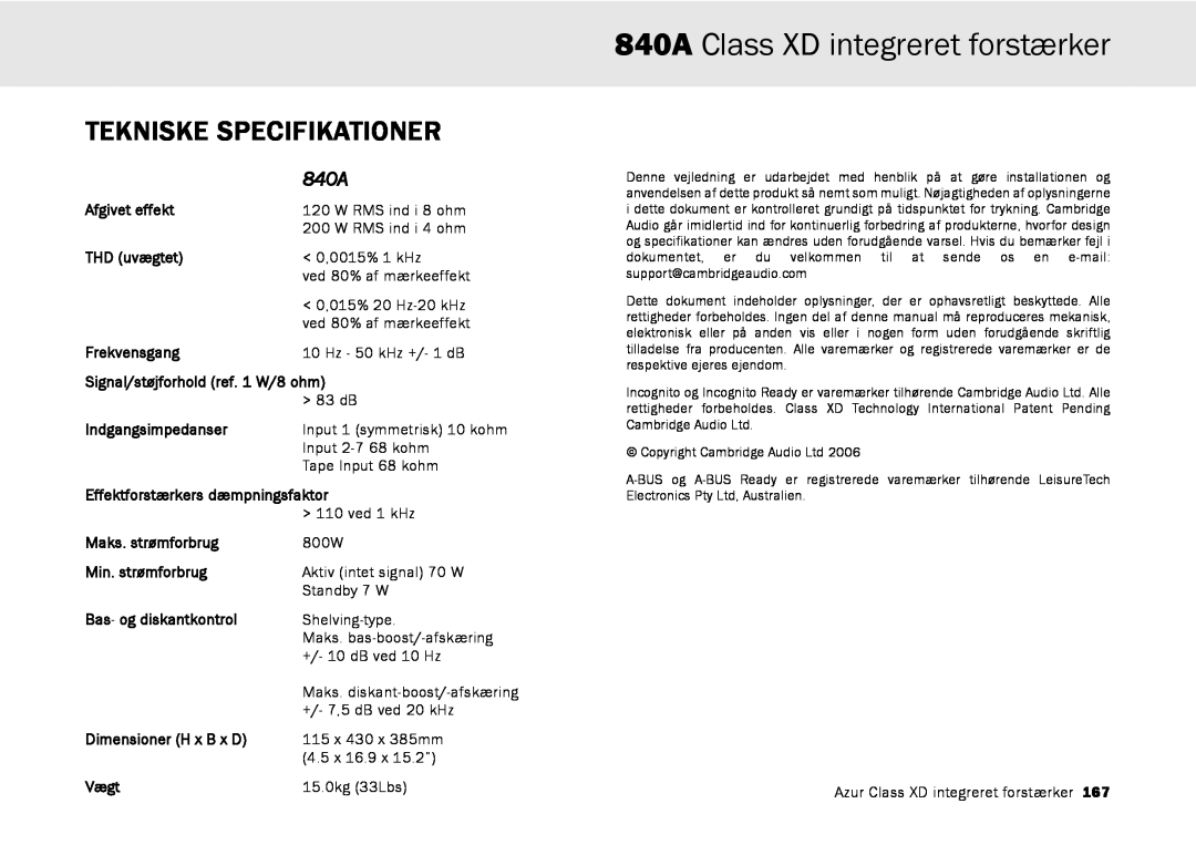 Cambridge Audio azur 840A user manual Tekniske Specifikationer, 840A Class XD integreret forstærker 