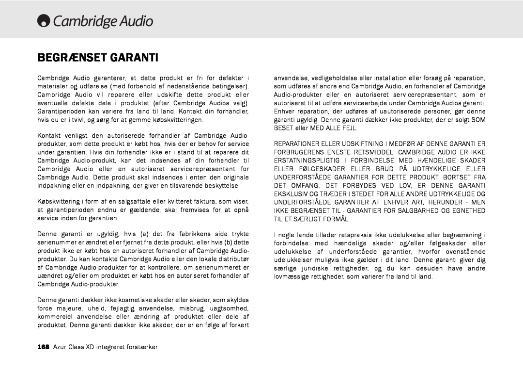 Cambridge Audio azur 840A user manual Begrænset Garanti 