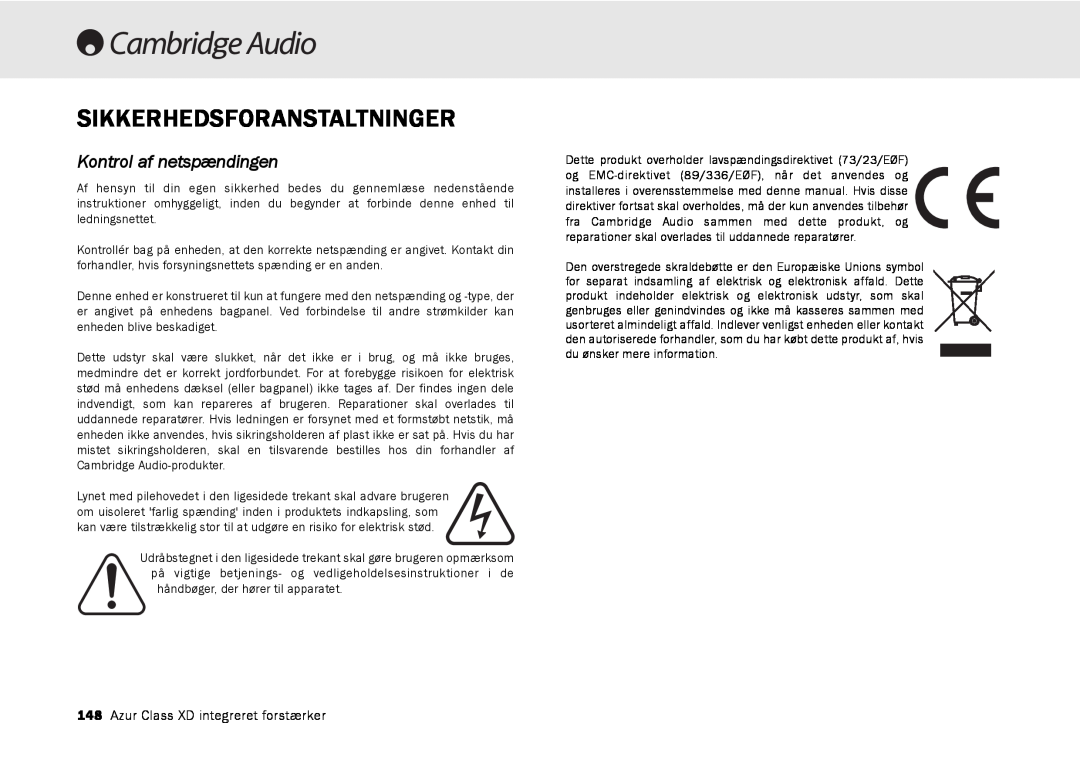 Cambridge Audio azur 840A user manual Sikkerhedsforanstaltninger, Kontrol af netspændingen 