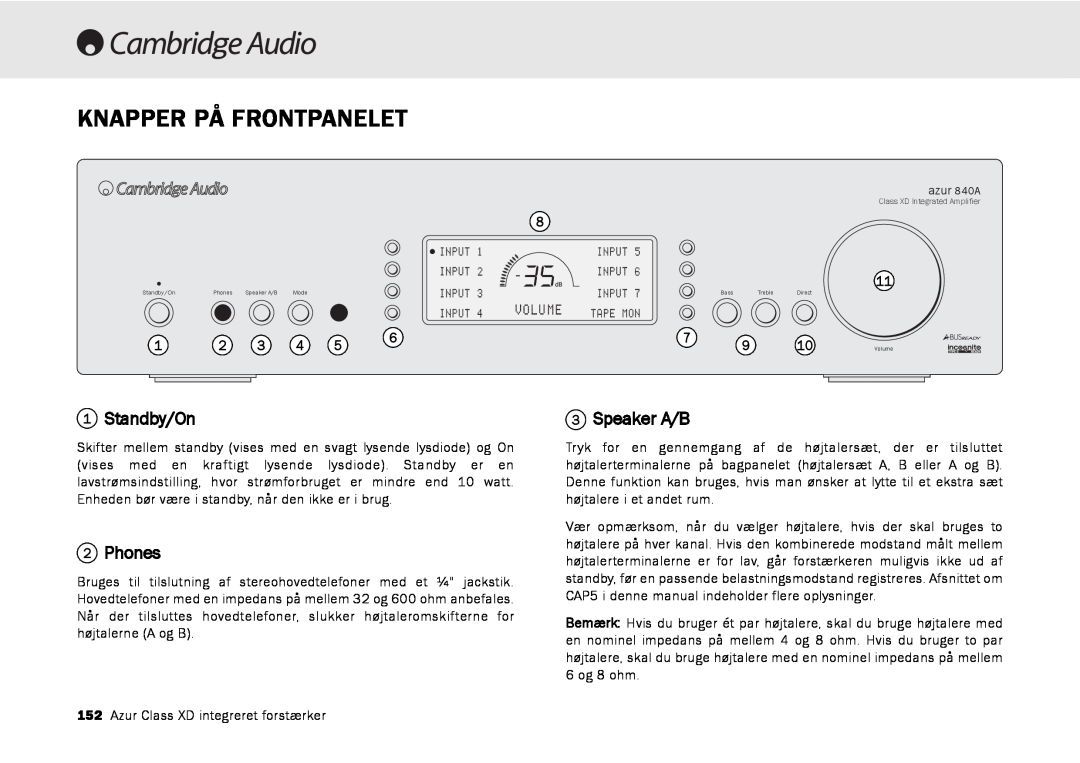 Cambridge Audio azur 840A user manual Knapper På Frontpanelet, Standby/On, 2Phones, Speaker A/B 