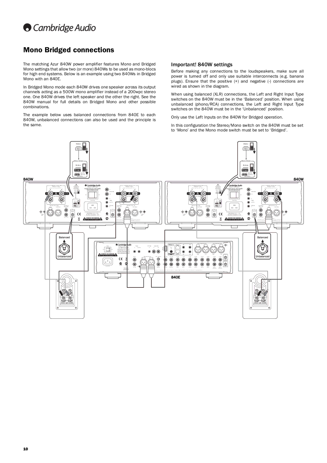 Cambridge Audio Azur 840E user manual Mono Bridged connections, Important! 840W settings 