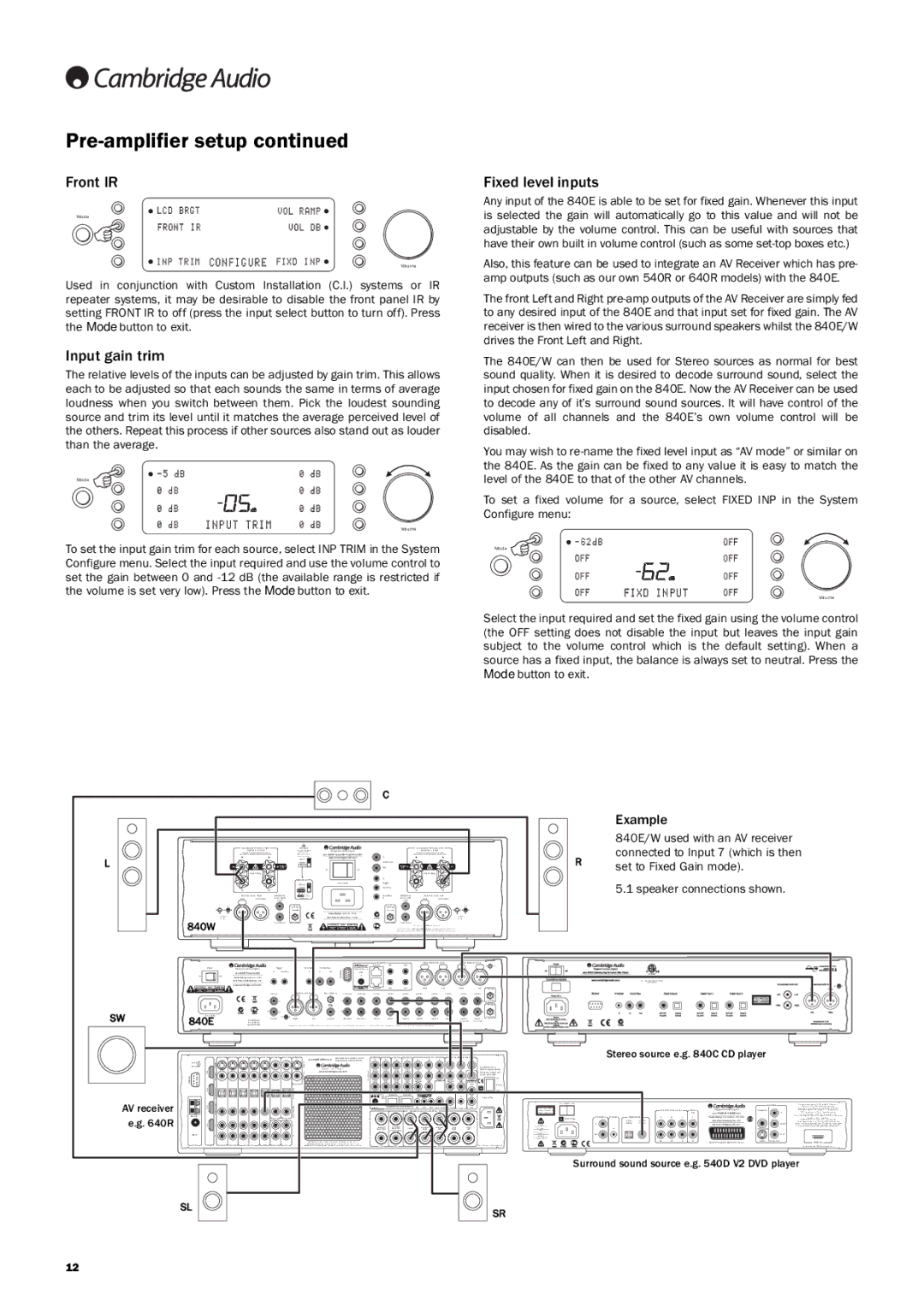 Cambridge Audio Azur 840E user manual Front IR, Input gain trim, Fixed level inputs 