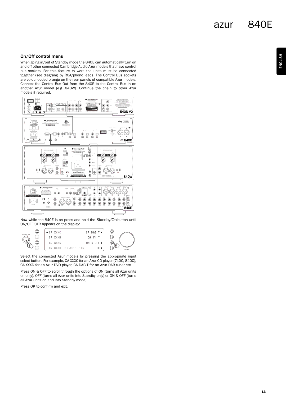 Cambridge Audio Azur 840E user manual On/Off control menu 