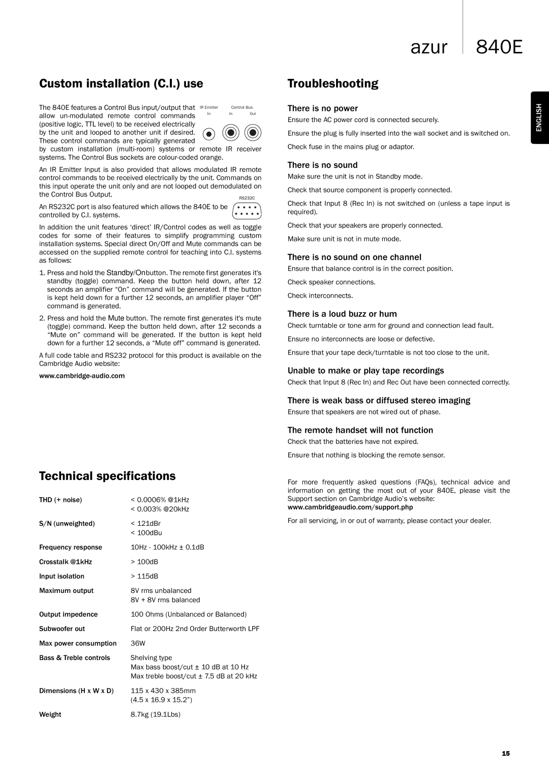 Cambridge Audio Azur 840E user manual Custom installation C.I. use, Technical specifications, Troubleshooting 