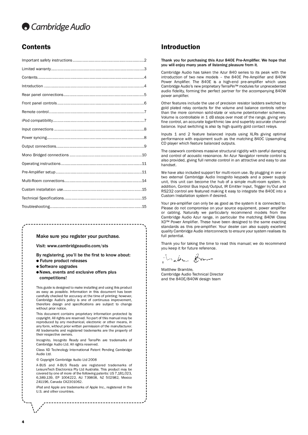 Cambridge Audio Azur 840E user manual Contents, Introduction 