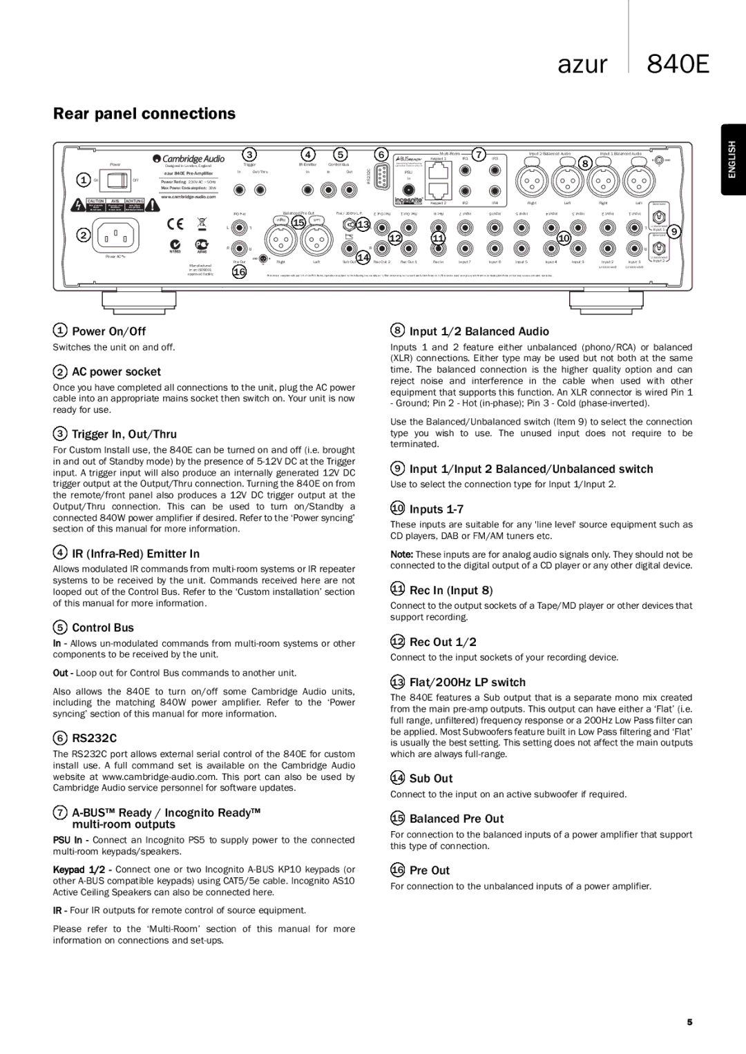 Cambridge Audio Azur 840E user manual Rear panel connections 