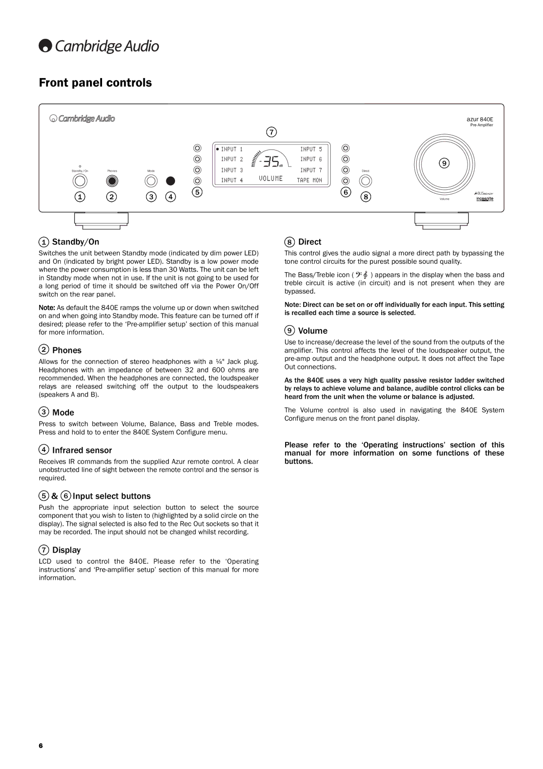 Cambridge Audio Azur 840E user manual Front panel controls 