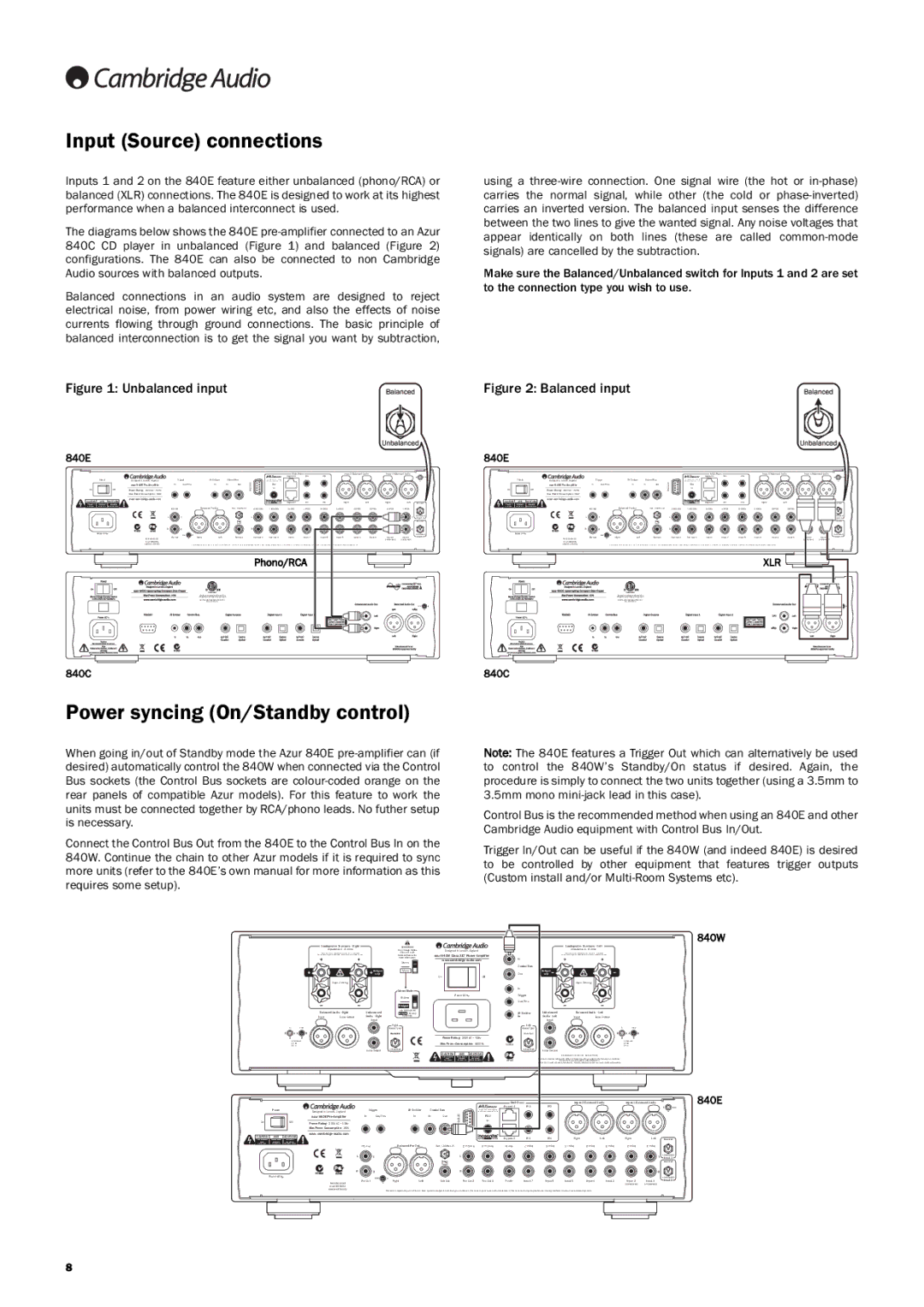 Cambridge Audio Azur 840E user manual Input Source connections, Power syncing On/Standby control 