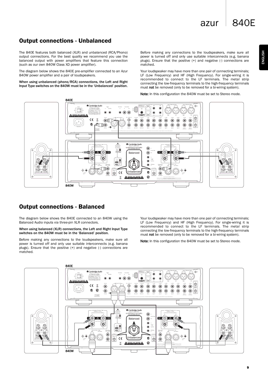 Cambridge Audio Azur 840E user manual Output connections Unbalanced, Output connections Balanced 