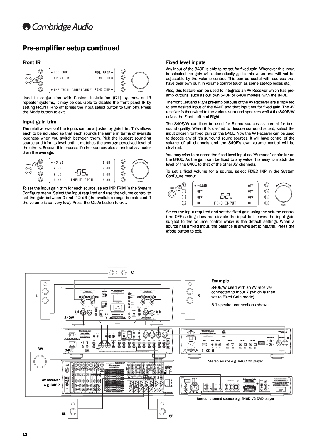 Cambridge Audio Azur 840E user manual Pre-amplifiersetup continued, Front IR, Input gain trim, Fixed level inputs 