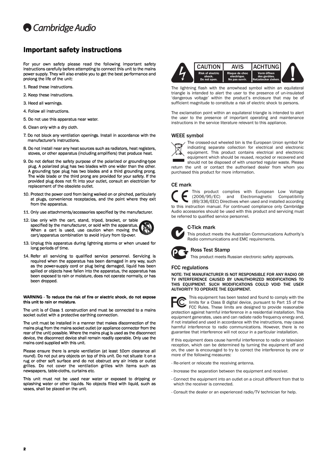 Cambridge Audio Azur 840E user manual Important safety instructions, Avis, Achtung 
