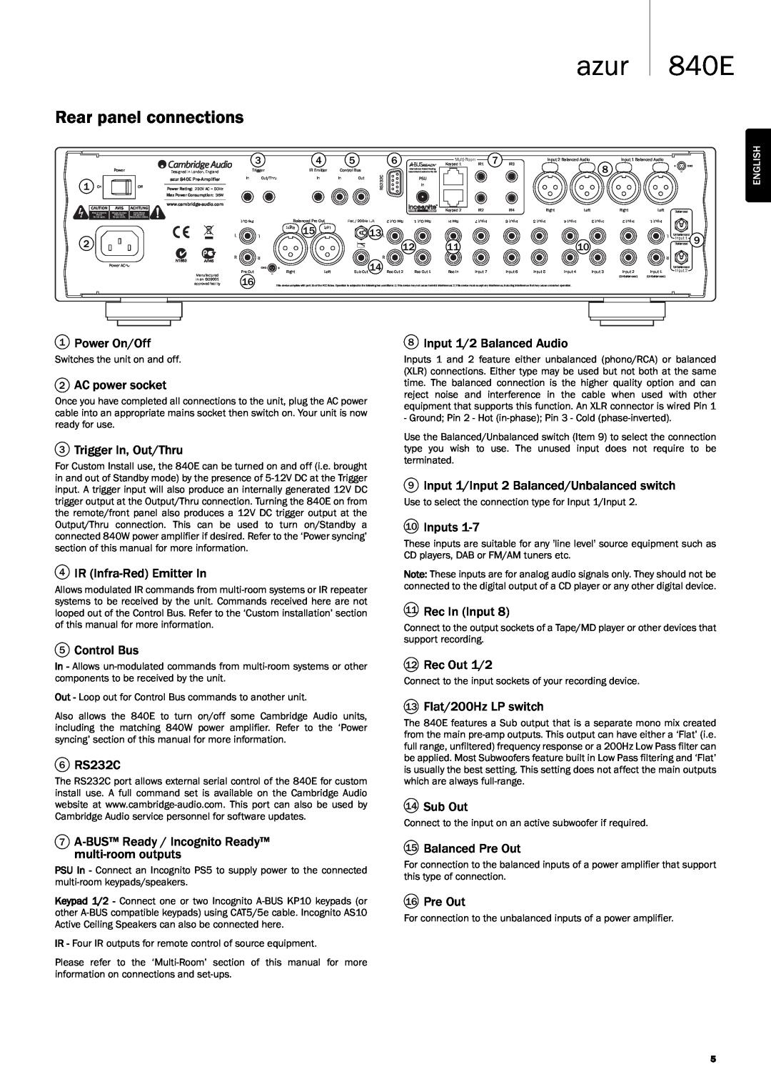 Cambridge Audio Azur 840E user manual Rear panel connections, azur 840E 