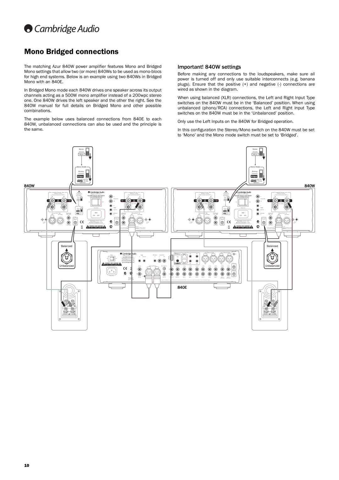 Cambridge Audio Azur 840EW user manual Mono Bridged connections, Important! 840W settings 