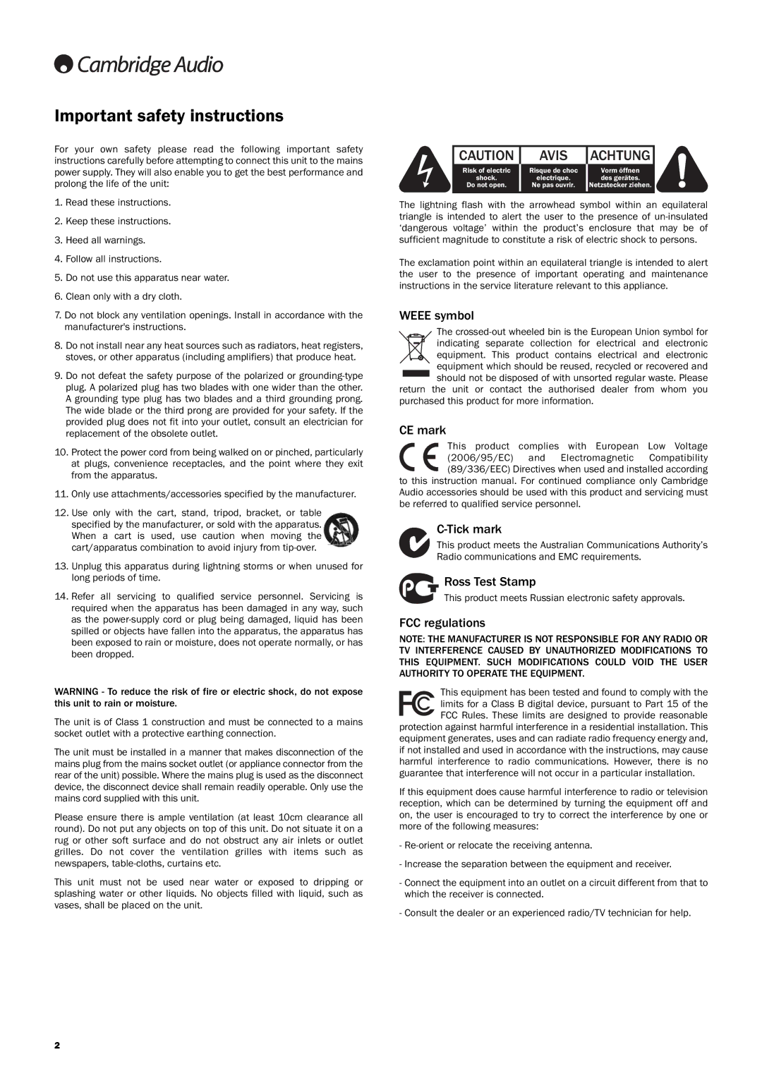 Cambridge Audio Azur 840EW user manual Important safety instructions 