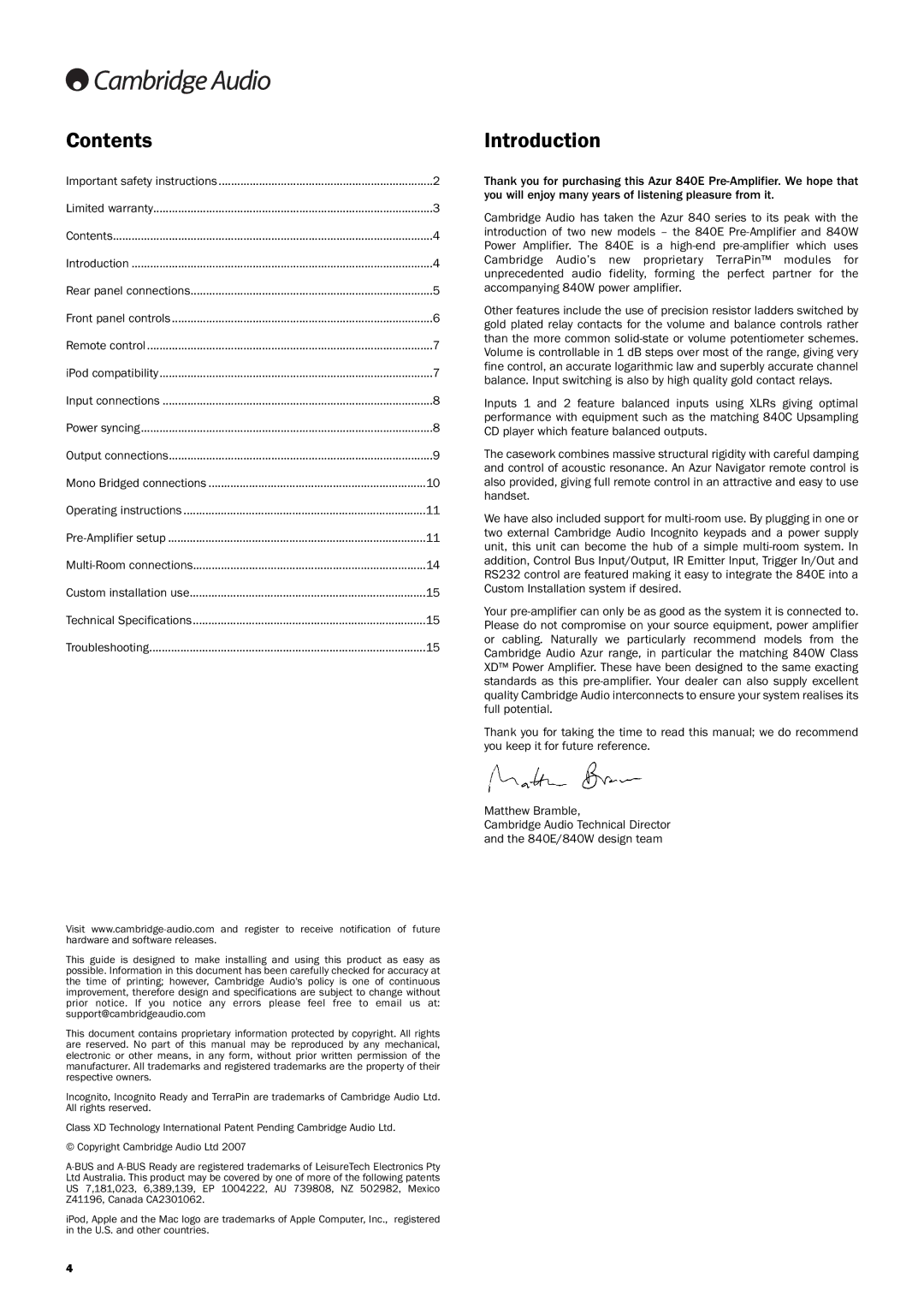 Cambridge Audio Azur 840EW user manual Contents, Introduction 