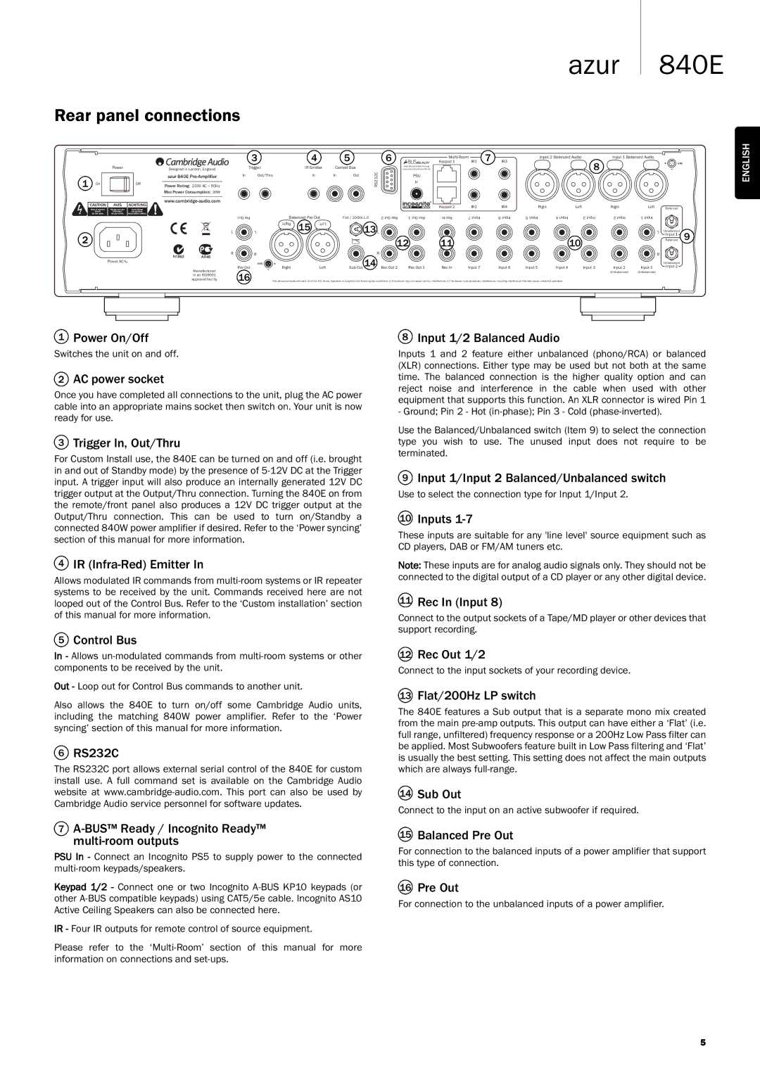 Cambridge Audio Azur 840EW user manual Rear panel connections 