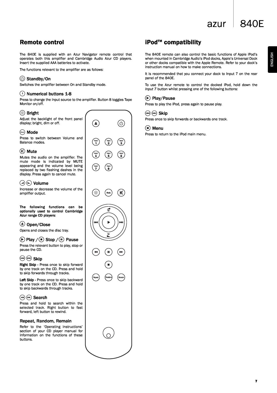 Cambridge Audio Azur 840EW user manual Remote control, iPodTM compatibility, azur 840E, Open/Close 
