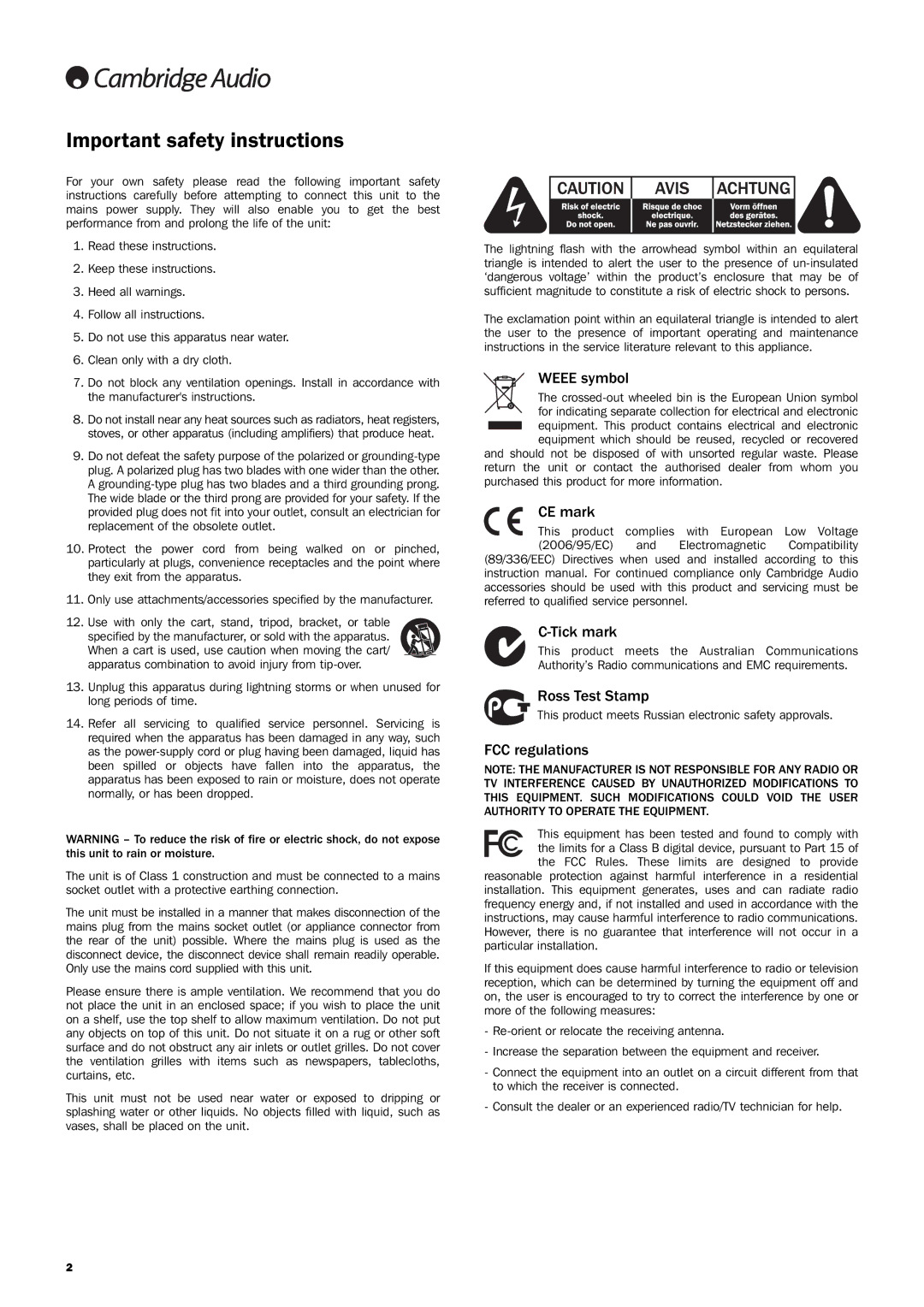 Cambridge Audio Azur 840W user manual Important safety instructions 