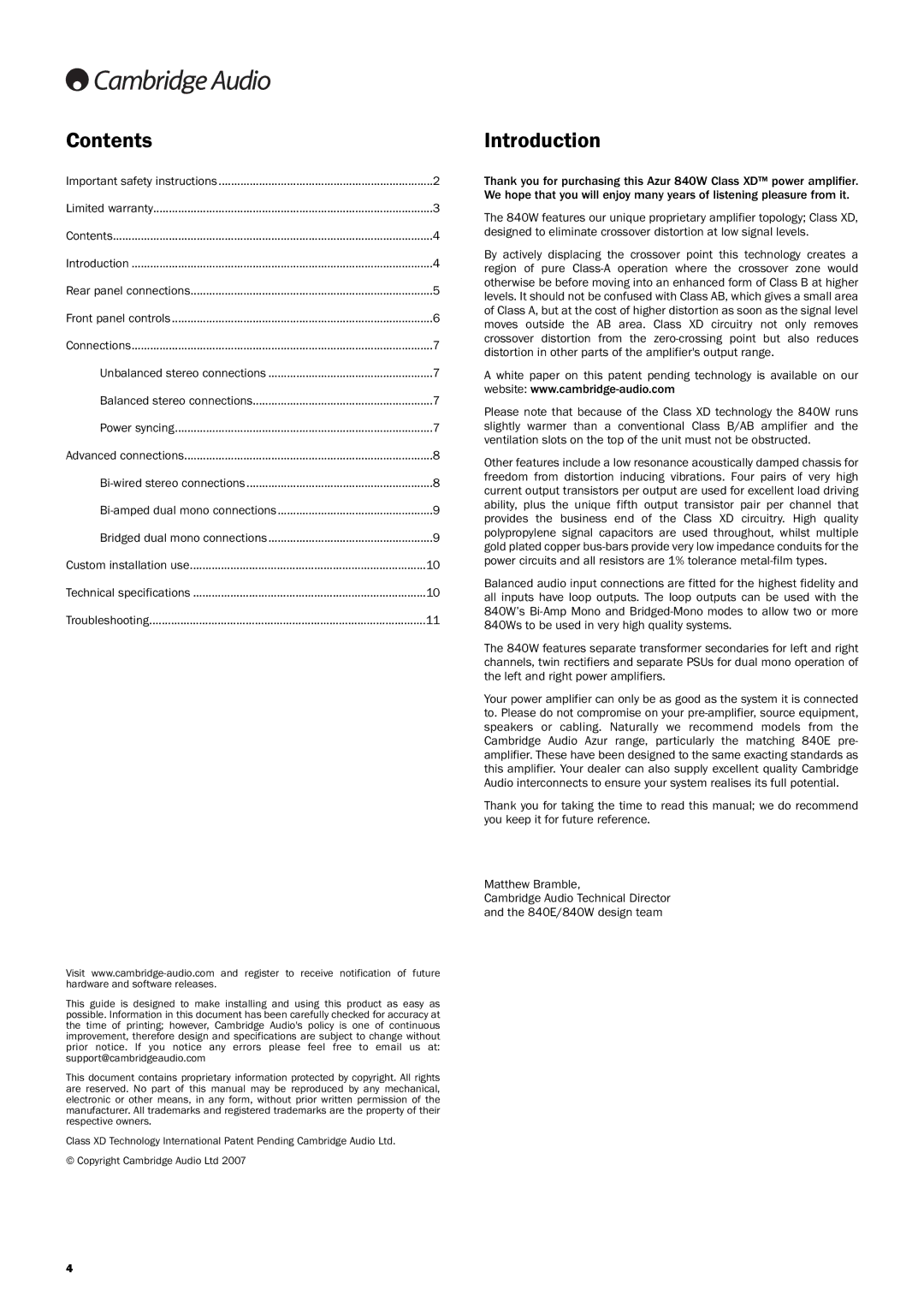 Cambridge Audio Azur 840W user manual Contents, Introduction 