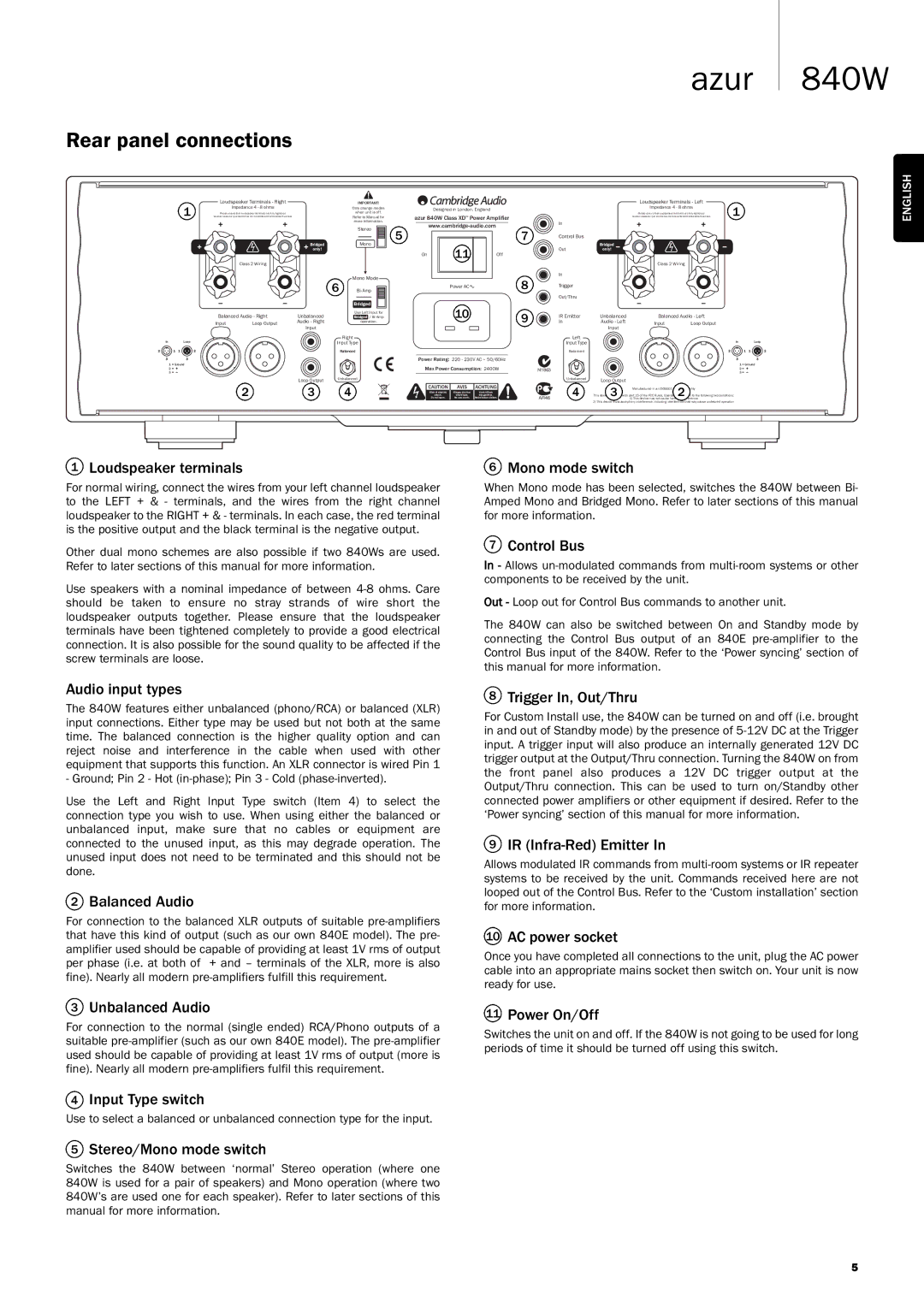 Cambridge Audio Azur 840W user manual Rear panel connections 