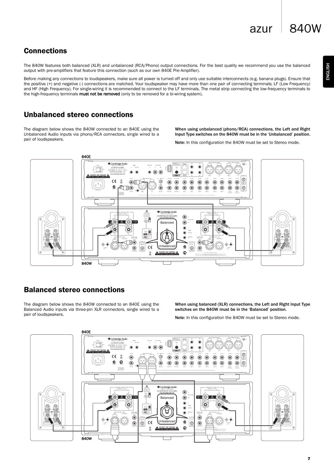 Cambridge Audio Azur 840W user manual Connections, Unbalanced stereo connections, Balanced stereo connections 