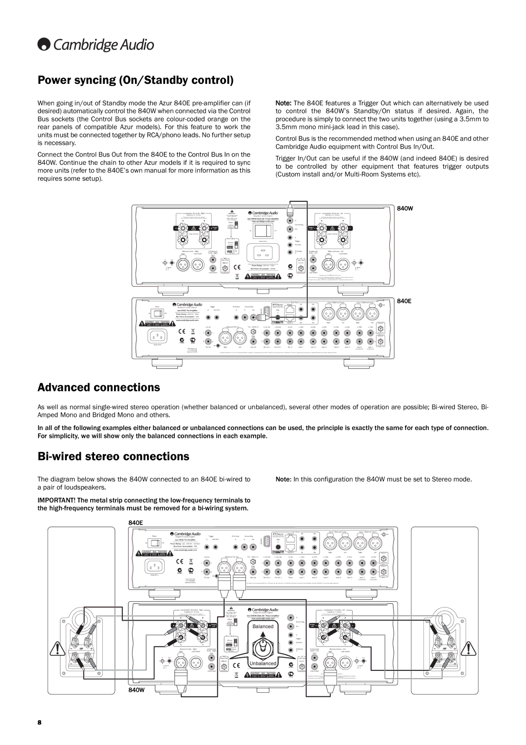 Cambridge Audio Azur 840W user manual Power syncing On/Standby control, Advanced connections, Bi-wired stereo connections 