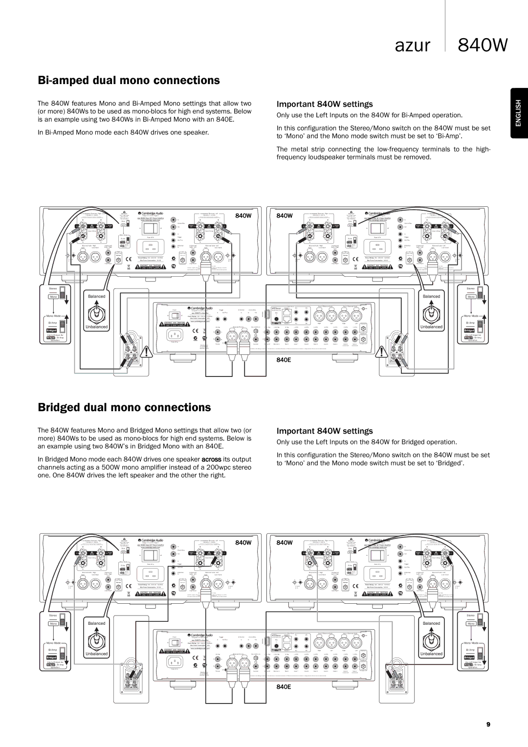 Cambridge Audio Azur 840W Bi-amped dual mono connections, Bridged dual mono connections, Important 840W settings 