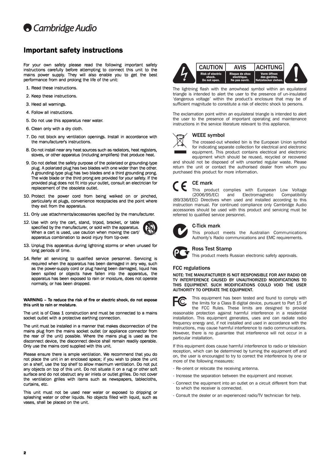 Cambridge Audio Azur 840W user manual Important safety instructions, WEEE symbol, CE mark, C-Tick mark, Ross Test Stamp 