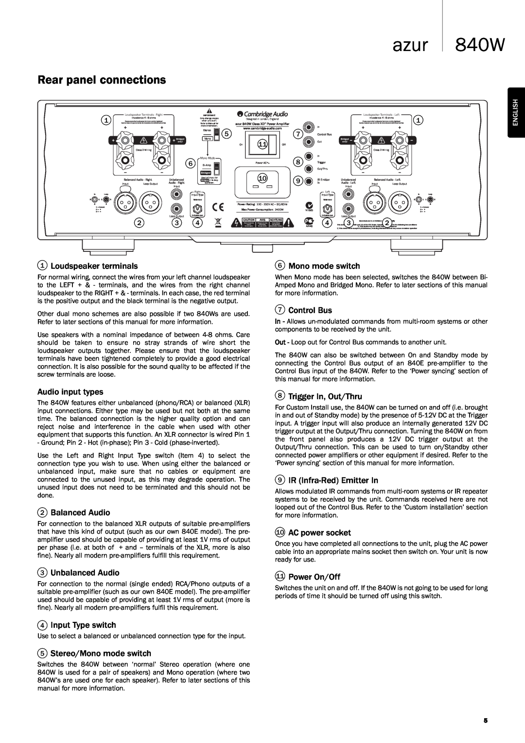 Cambridge Audio Azur 840W user manual Rear panel connections, azur 840W 