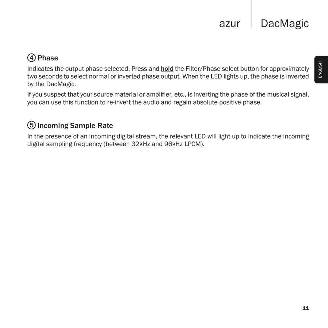 Cambridge Audio azur DacMagic user manual Phase, Incoming Sample Rate 