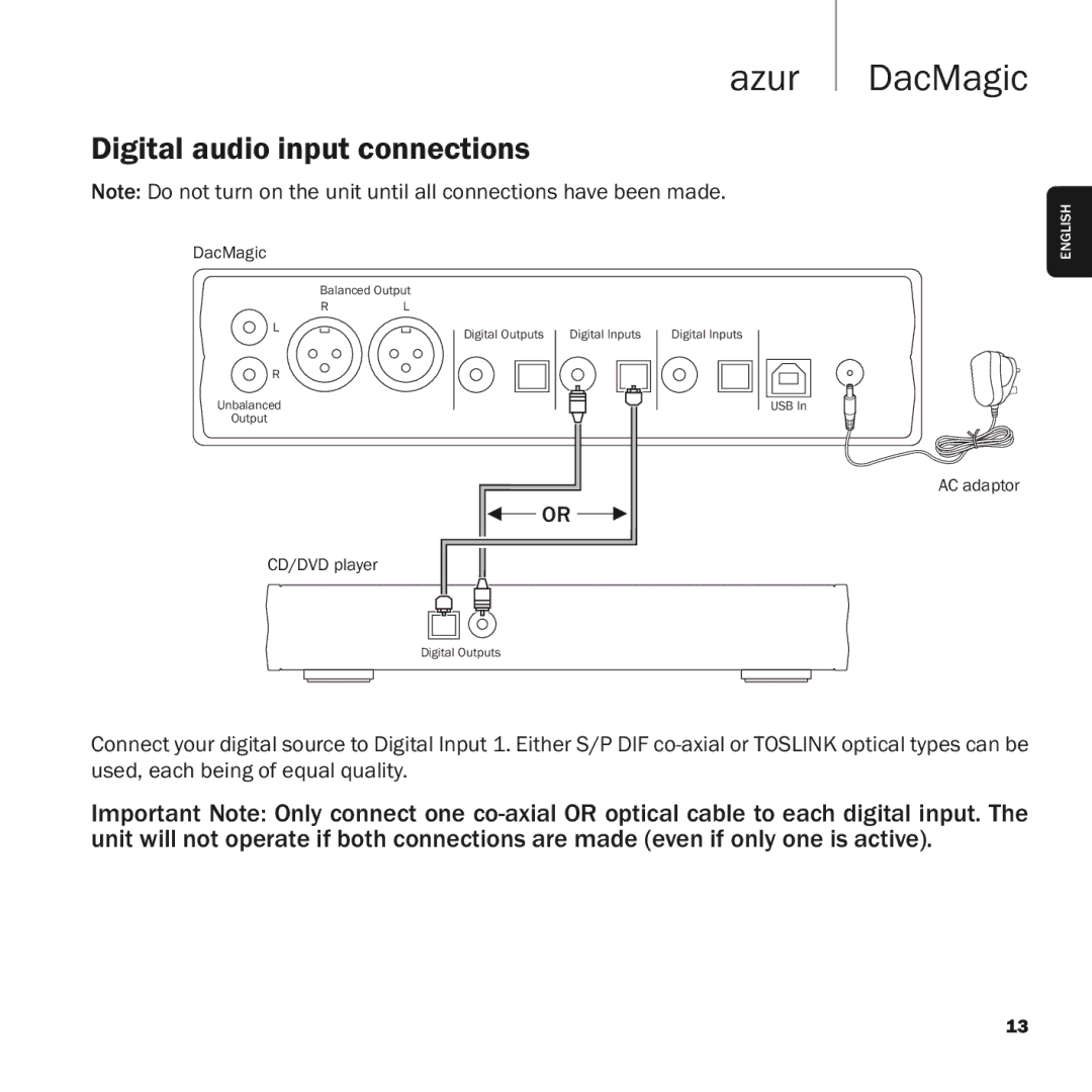 Cambridge Audio azur DacMagic user manual Digital audio input connections 