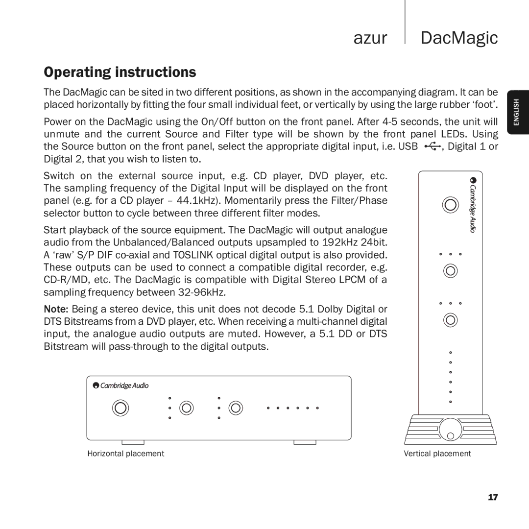 Cambridge Audio azur DacMagic user manual Operating instructions 