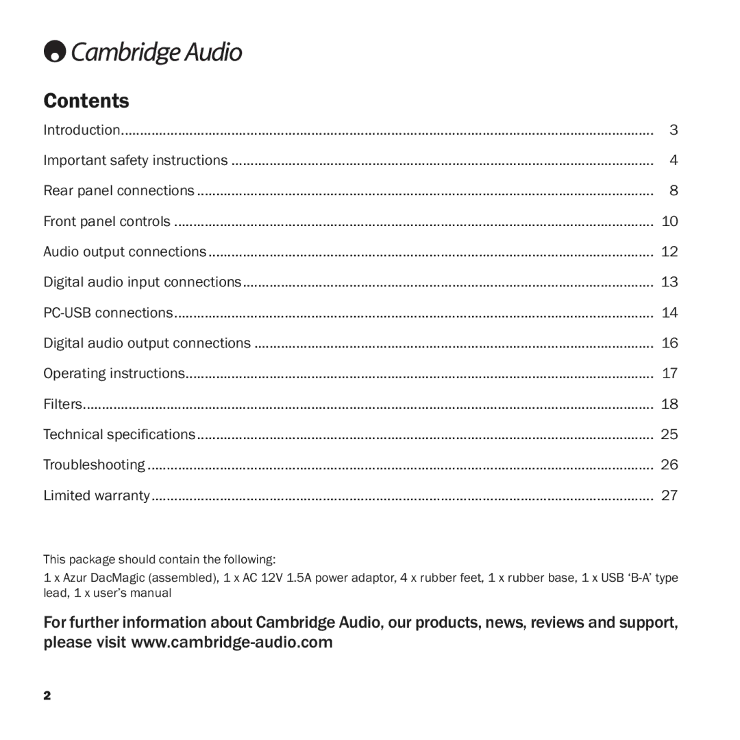 Cambridge Audio azur DacMagic user manual Contents 