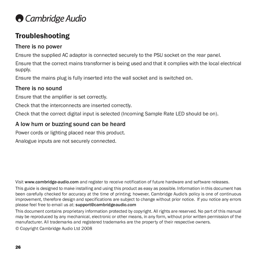 Cambridge Audio azur DacMagic Troubleshooting, There is no power, There is no sound, Low hum or buzzing sound can be heard 