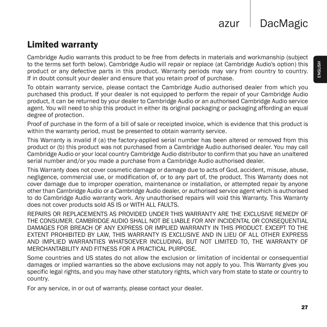 Cambridge Audio azur DacMagic user manual Limited warranty 