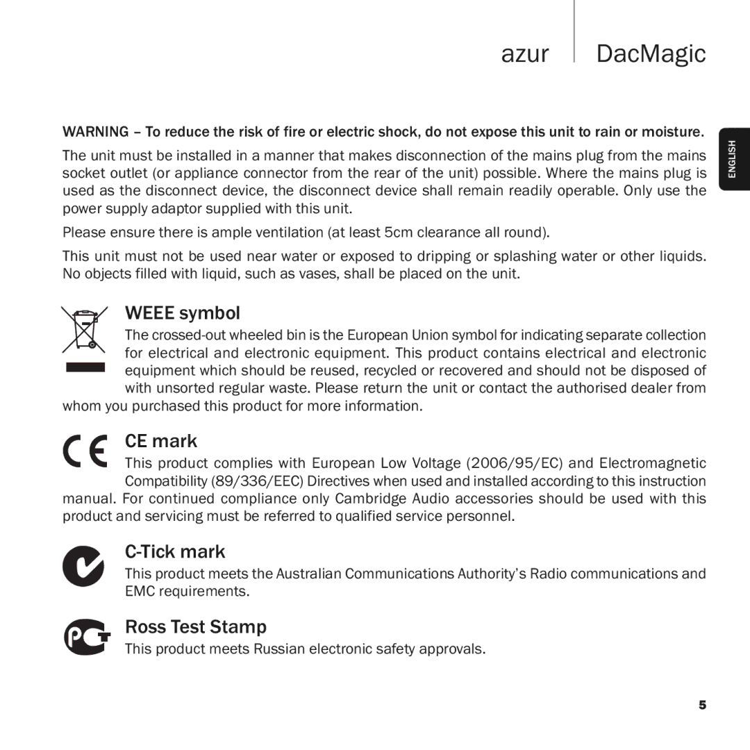 Cambridge Audio azur DacMagic user manual CE mark 