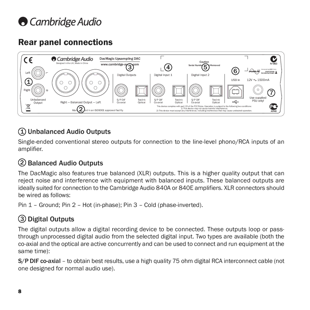 Cambridge Audio azur DacMagic Rear panel connections, Unbalanced Audio Outputs, Balanced Audio Outputs, Digital Outputs 