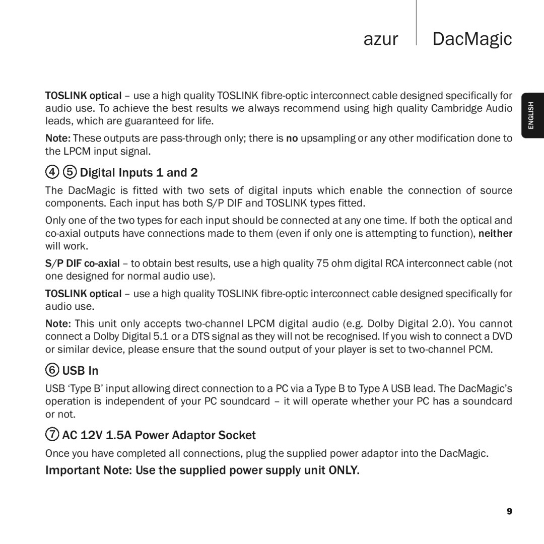 Cambridge Audio azur DacMagic user manual Digital Inputs 1, Usb, AC 12V 1.5A Power Adaptor Socket 