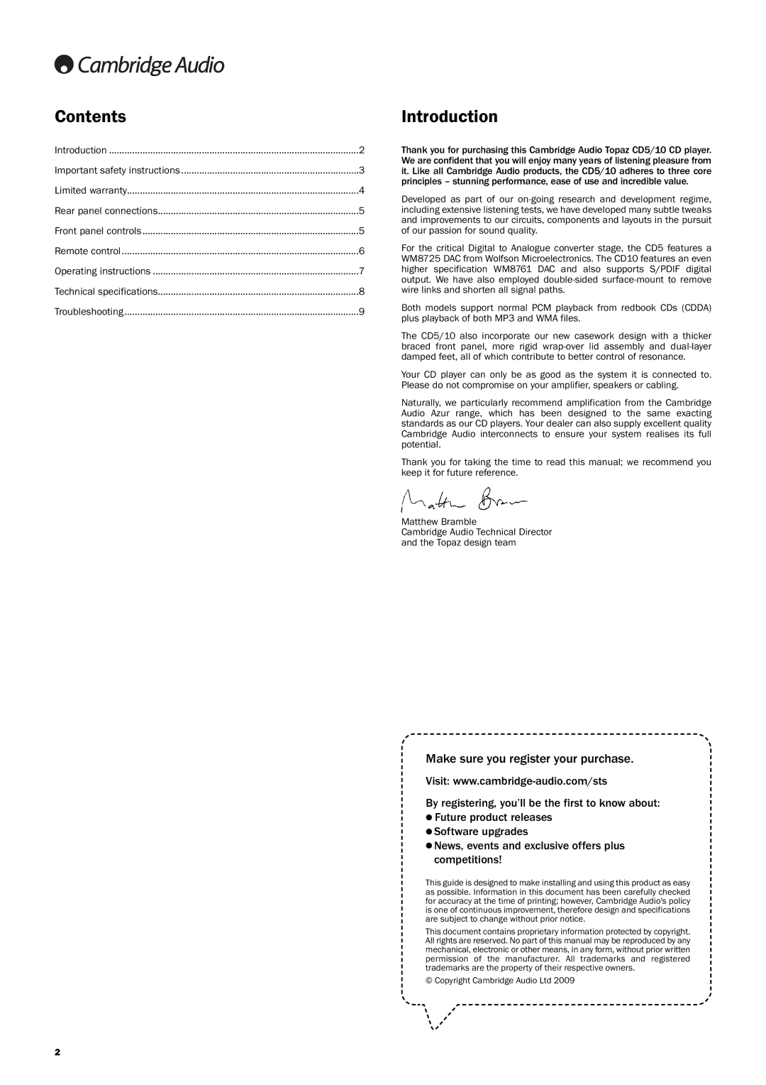 Cambridge Audio CD10 user manual Contents, Introduction 