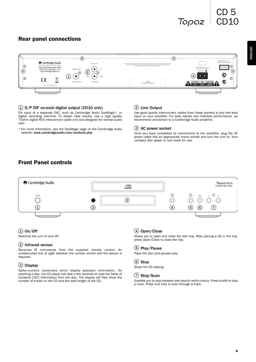 Cambridge Audio CD10 user manual Rear panel connections, Front Panel controls 