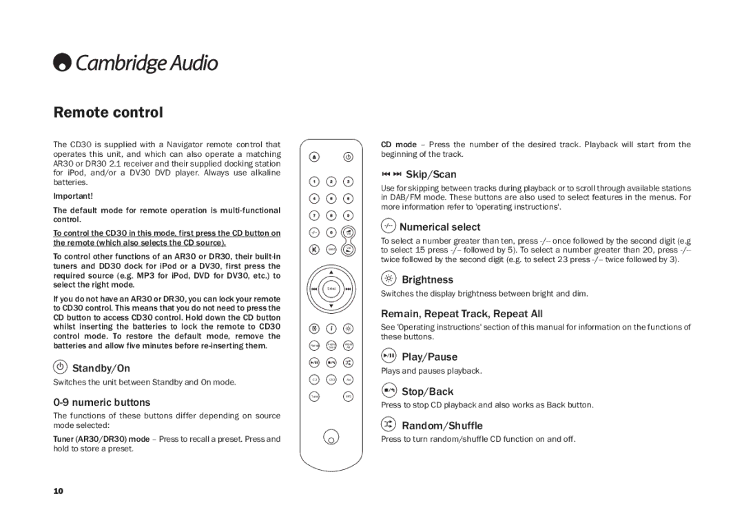 Cambridge Audio CD30 user manual Remote control 