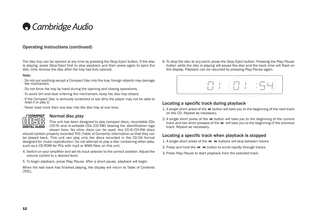 Cambridge Audio CD30 user manual Operating instructions, Normal disc play, Locating a specific track during playback 