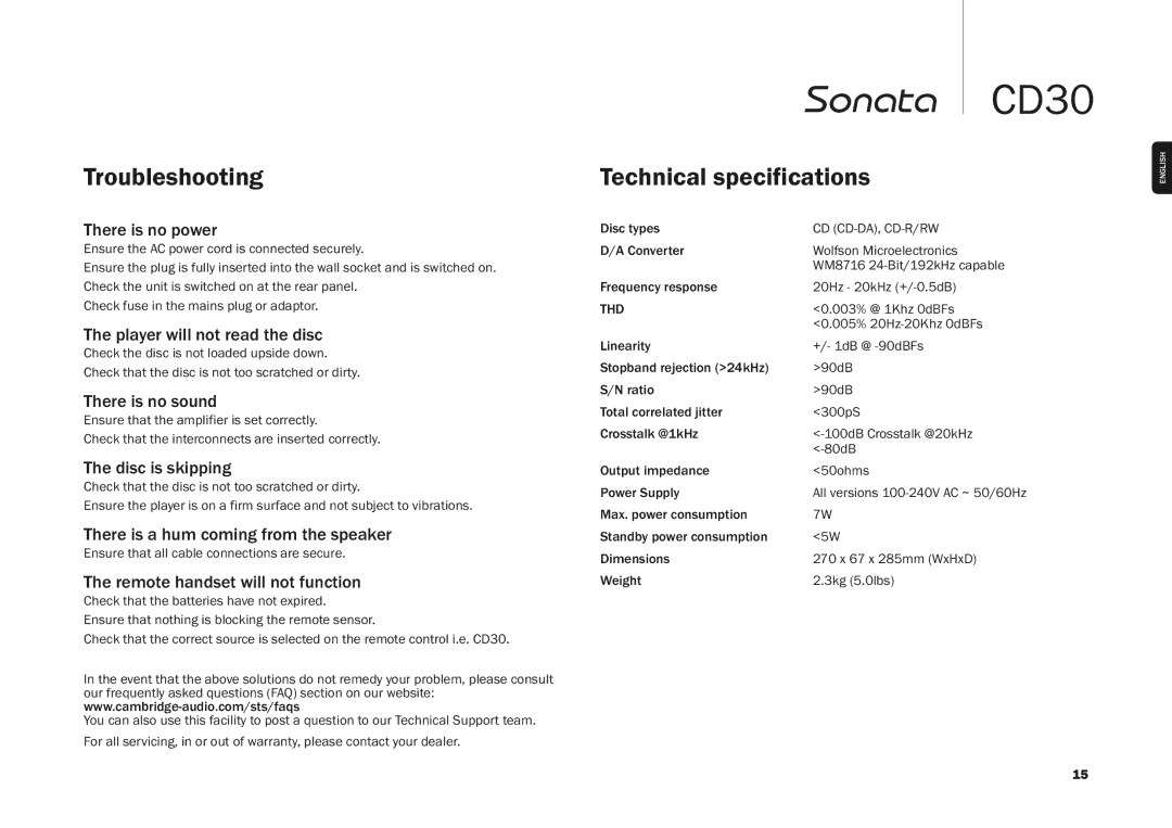 Cambridge Audio CD30 user manual Troubleshooting, Technical specifications 