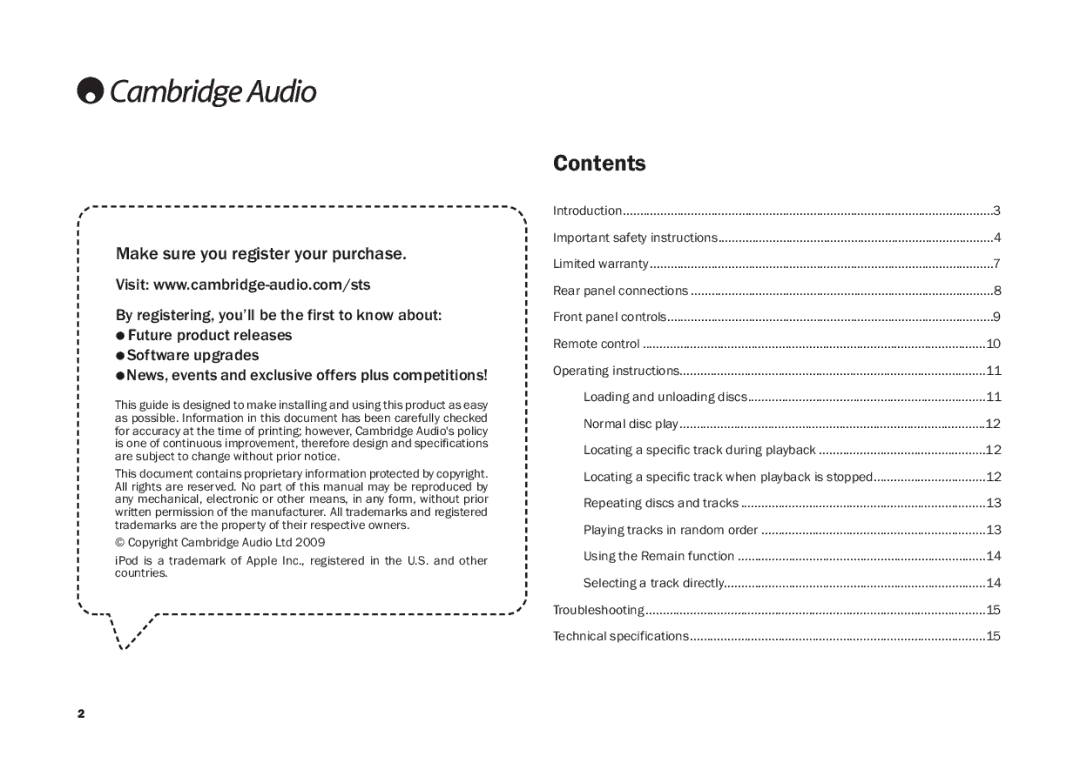 Cambridge Audio CD30 user manual Contents 